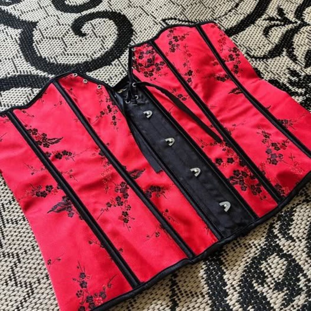 SHAPERX steel boned red and black satin corset XL